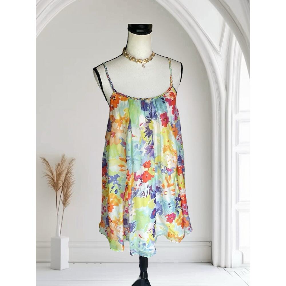Charlie Jade Chiffon Tank Swing Floral Dress Multi Color EUC 100% Silk S 2 4 - Picture 9 of 11